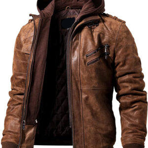 Men's Brown Leather Motorcycle Jacket with Removable Hood - Stylish and Durable