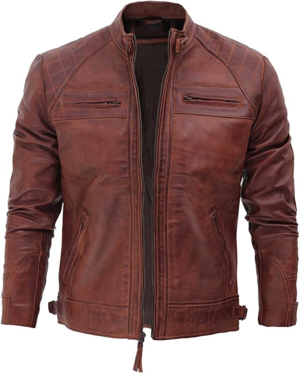 Real Lambskin Leather Biker Jacket - Quilted Cafe Racer Zip Up Jackets Men