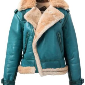 Women's Teal Shearling Aviator Jacket - Standout Style