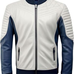 Men's White & Blue Quilted Leather Bomber Jacket