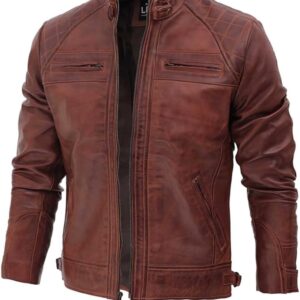 Men's Distressed Brown Leather Cafe Racer Jacket - Quilted Detail