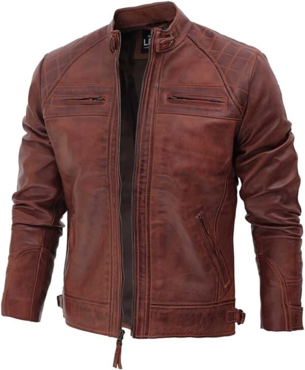 Men's Distressed Brown Leather Cafe Racer Jacket - Quilted Detail